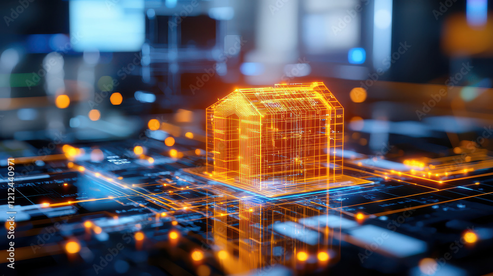 Aufkleber digital model of solid structure integrated with technology, showcasing futuristic house design illuminated with orange lines and glowing elements