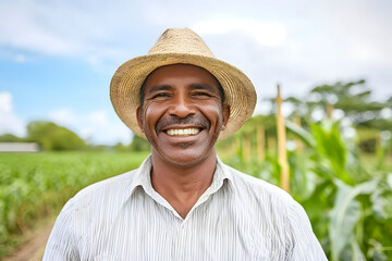 smiling farmer wearing straw hat stands in cornfield, showcasing his pride in agriculture. vibrant green corn plants surround him under bright blue sky