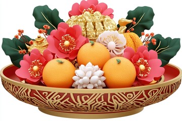Festive Chinese New Year Tangerine and Flower Offering Bowl