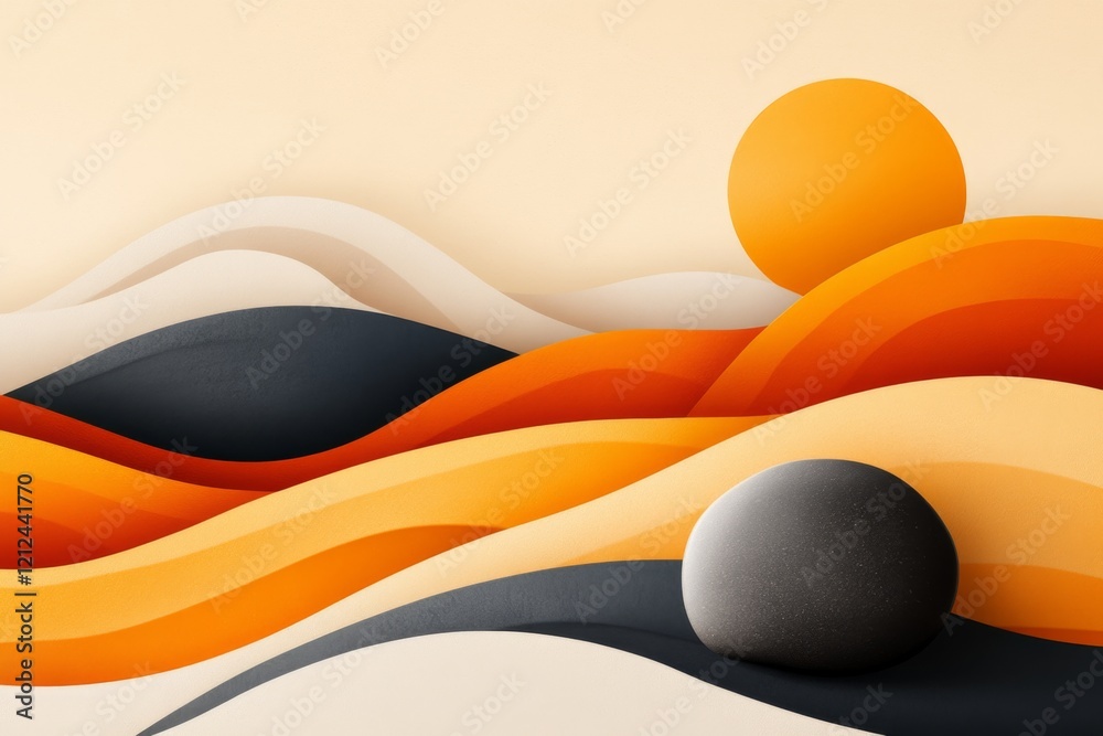 Poster A minimalist flat design of a Zen rock garden with a single smooth stone and perfectly raked concentric sand patterns, set on a soft pastel background