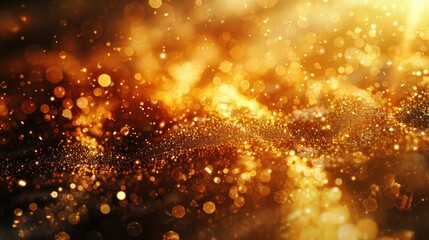 A shimmering abstract background with golden bokeh effects and sparkling particles.