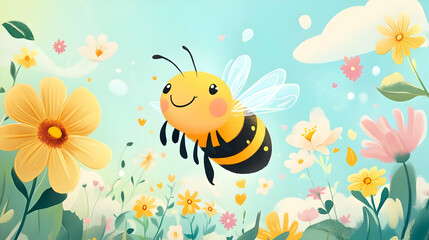 Fototapeta premium A cheerful cartoon bee flying over a vibrant flower-filled meadow.