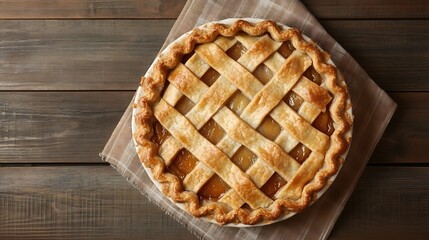 Delicious Baked Pie with Lattice Crust Featuring a Sweet Filling, Perfect for Celebrations and Family Gatherings on Rustic Wooden Background