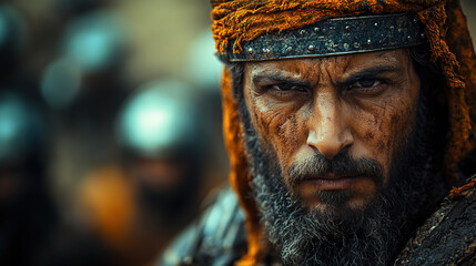 Obraz premium Ancient Saracen Warrior in Full Battle Armor on Horseback During Historic Battle, Detailed Medieval Arabic Warrior Portrait for Historical and Fantasy Themes