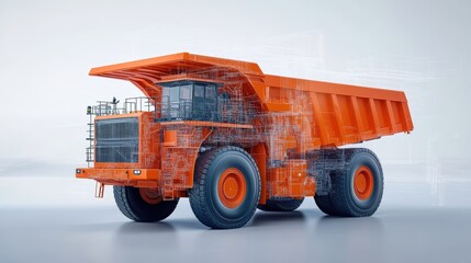 Large orange heavyduty truck parked in an industrial or delivery area