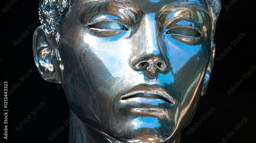 Poster a sleek humanoid face made of shiny metal captures the essence of futurism. its glossy surface refle