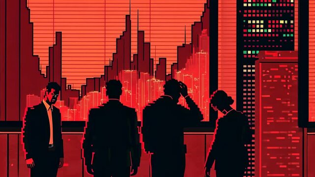 Red graphic illustration of situation business stock market crash down regression and people are sad and upset. 
