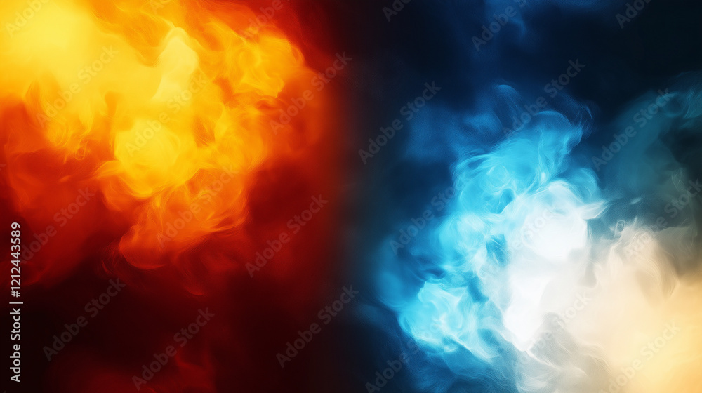 Poster abstract digital artwork blending vibrant orange and yellow flames with deep blue and teal smoke. sm