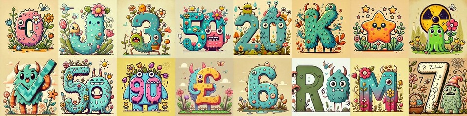 Naklejka premium Spring monsters Lettering Typeface. AI generated illustration