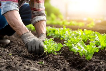 farmer tending to fresh green lettuce in garden, showcasing dedication and hard work. sunlight enhances vibrant colors of plants