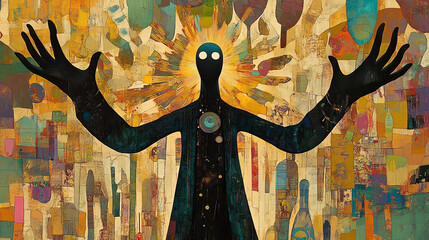 abstract black figure with large hands against abstract neutral backdrop