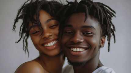 Cheerful young couple embracing and smiling, isolated against a white background, showcasing love, happiness, and togetherness.
