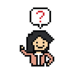 Obraz premium Cute pixel cartoon character woman with question mark decoration 8 bit female girl lady confused idea question mark think choose cartoon pixel game 8bit png vector.