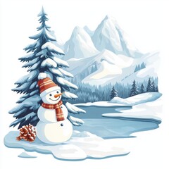 Obraz premium Winter wonderland snowman near pine tree frozen lake and mountain range clean style artwork