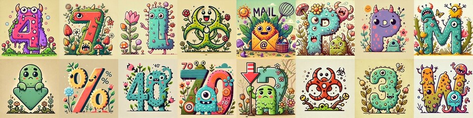 Fototapeta premium Spring monsters Lettering Typeface. AI generated illustration