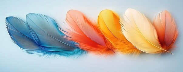 Naklejka premium Colorful composition of feathers in blue, orange, and yellow hues arranged vertically for an artistic display
