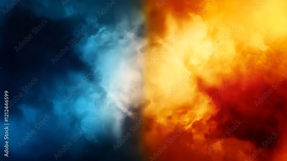 Poster abstract digital artwork blending vibrant orange and yellow flames with deep blue and teal smoke. sm