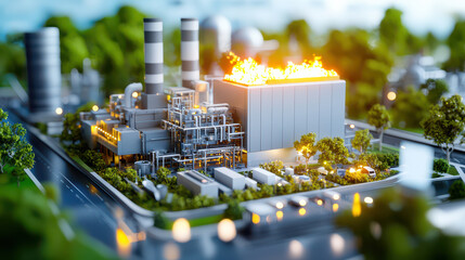digital model of waste incineration facility with flames, showcasing industrial design and environmental impact. scene includes greenery and urban elements, creating striking contrast