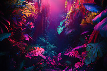 Vibrant tropical leaves in bold neon hues for modern interior design, creative branding, nature-inspired art, and vibrant event themes