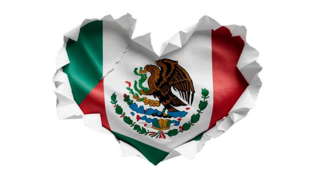  Heart shaped hole torn through paper, showing satin texture of flag of Mexico png
