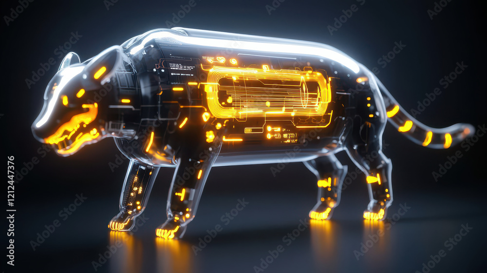 Poster digital model of futuristic animal with glowing circuitry, showcasing advanced technology and design