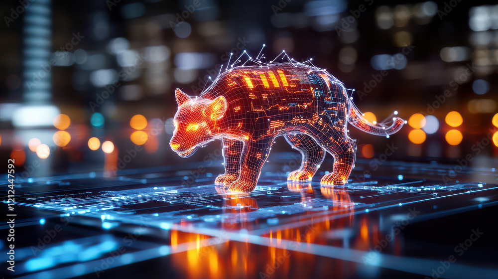 Aufkleber digital model of cat enhanced with technology, glowing in futuristic setting. intricate design showcases blend of animal and digital elements, creating captivating visual