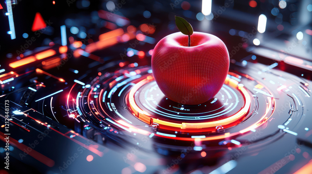 Poster digital model of red apple surrounded by futuristic technology, showcasing vibrant colors and intric