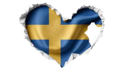 Heart shaped hole torn through paper, showing satin texture of flag of Sweden png