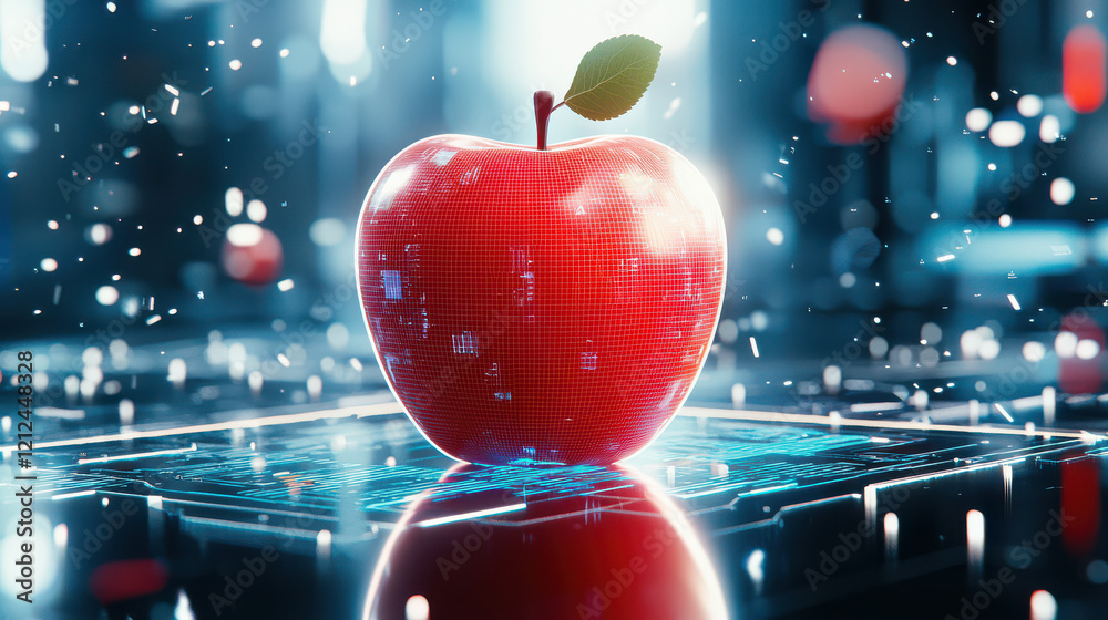 Aufkleber digital model of red apple surrounded by futuristic technology, showcasing blend of nature and innovation. vibrant colors and high tech elements create captivating visual experience