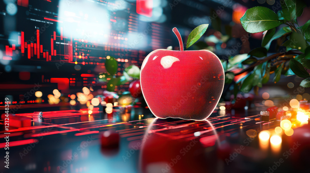 Poster digital model of red apple surrounded by futuristic technology, glowing lights, and data visuals, creating vibrant and modern atmosphere