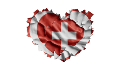 Heart shaped hole torn through paper, showing satin texture of flag of Switzerland png