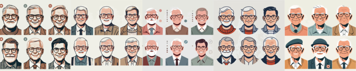 vector collection of grandfather characters wearing glasses smiling