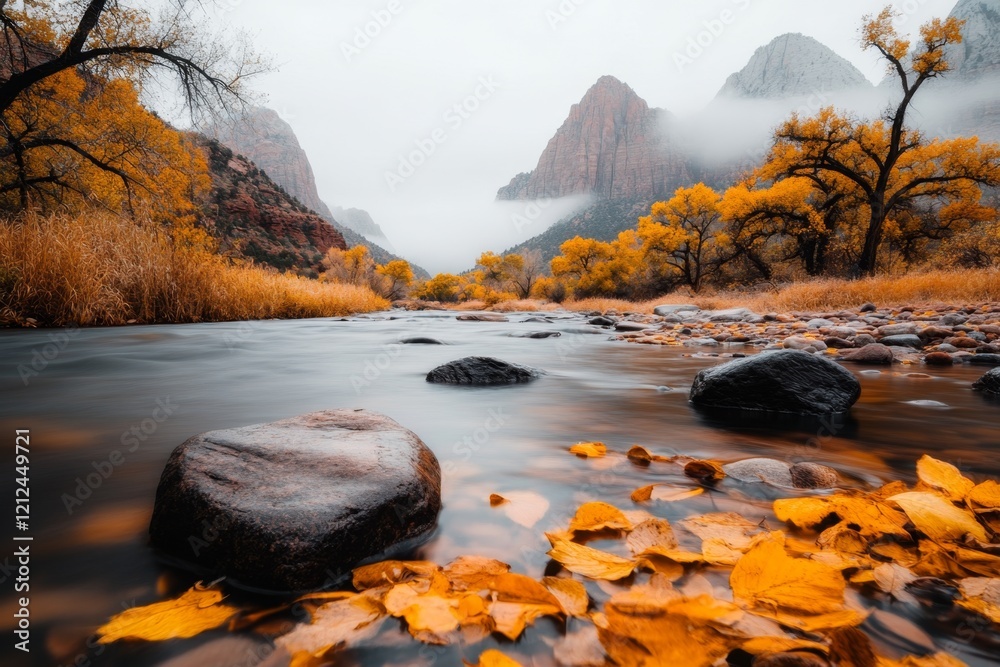 Poster a quiet morning in zion, with fog rolling through the canyon and soft light creating a mystical ambi