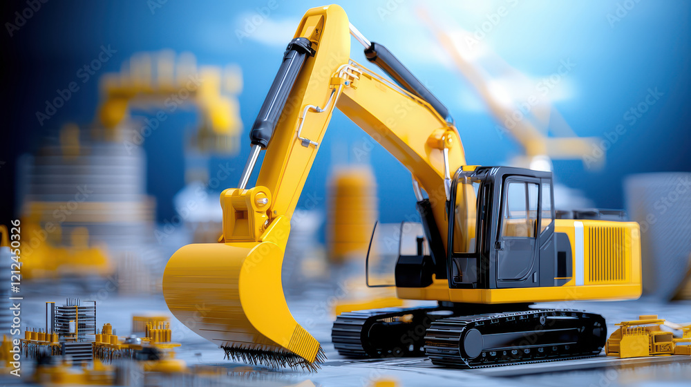 Aufkleber detailed model of yellow excavator on construction site, showcasing engineering precision and design