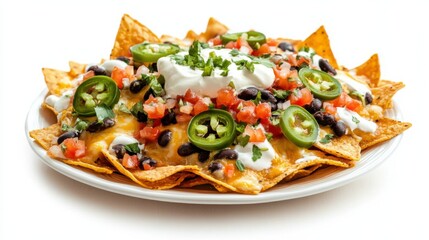 A plate of loaded nachos with melted cheese, jalape&ntilde;os, black beans