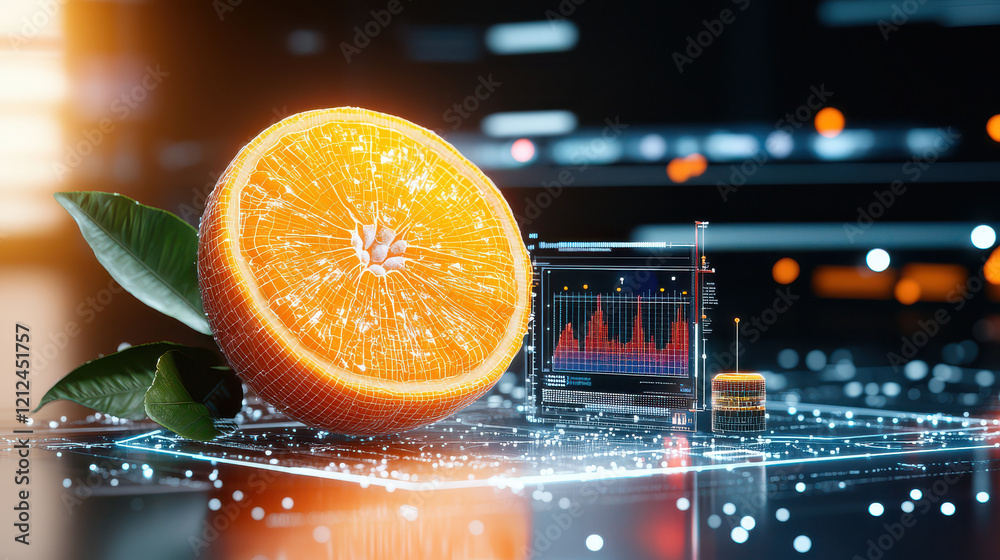 Poster digital model of orange with futuristic analysis, showcasing vibrant colors and intricate details. scene combines nature and technology, creating unique visual experience