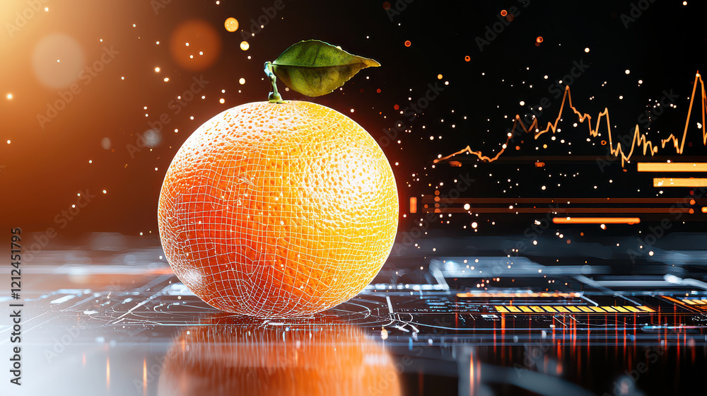 Aufkleber digital model of orange with leaf, set against futuristic technology background, showcasing vibrant 