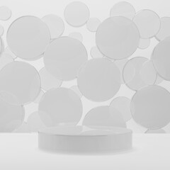 White abstract stage mockup with transparent plastic glossy round podium, flying circles decor. Template 3D illustration modern scene for presentation cosmetic products, goods, advertising, sale.