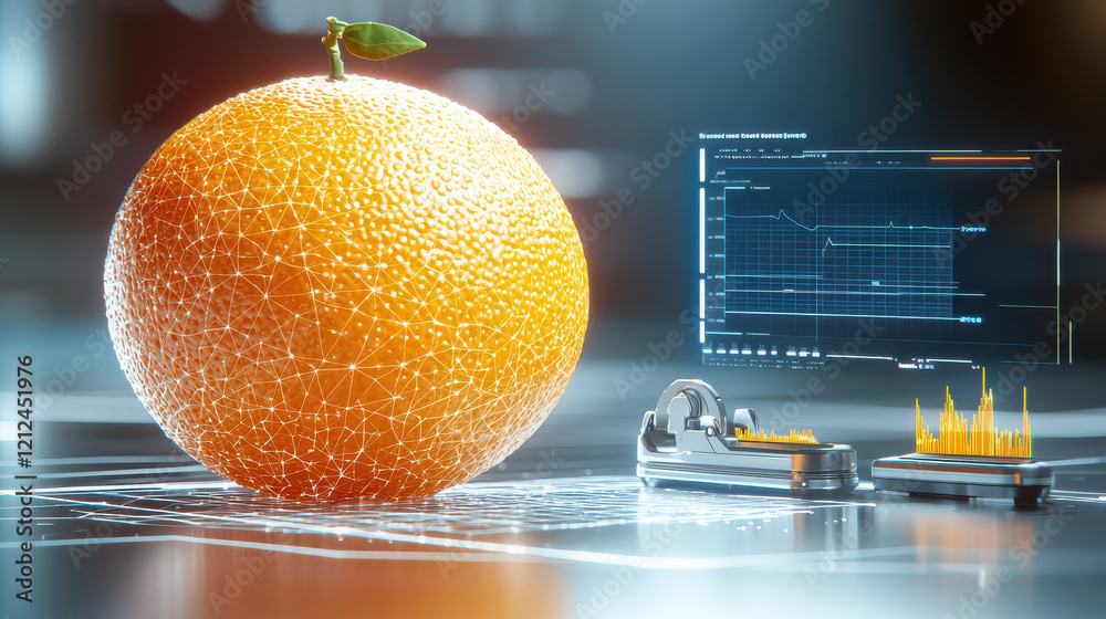 Poster digital model of orange with futuristic analysis, showcasing data visualization and technology. vibr
