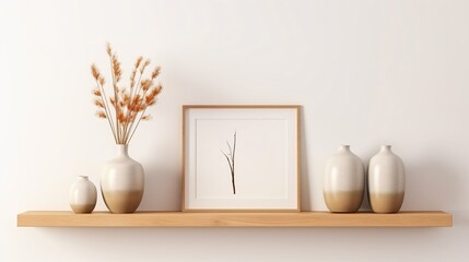 Modern Wood Floating Shelf Decor with Frames and Vases on White Wall