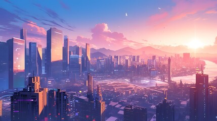 Fototapeta premium A large, vibrant city skyline at sunset, showing modern skyscrapers and a glowing horizon