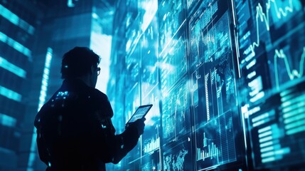 Man reviewing data on digital screens.