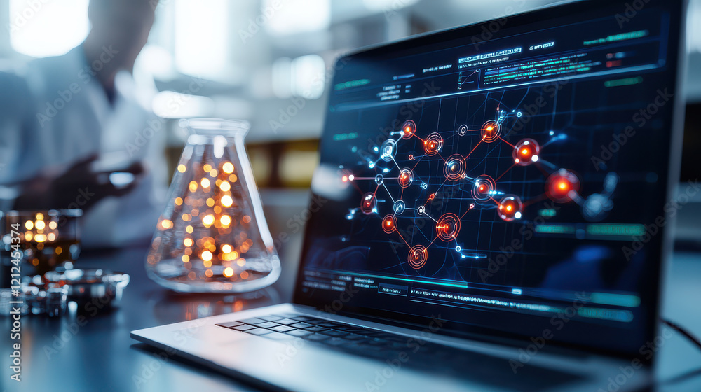 Poster digital model of element based compounds displayed on laptop, with laboratory setting in background. scene conveys sense of scientific exploration and innovation