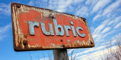Weathered metal sign displaying the word "rubric" against a backdrop of a vibrant blue sky with scattered clouds, showcasing a rustic aesthetic.