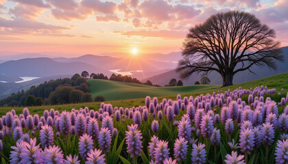 Fototapeta premium Magical sunrise over vibrant purple flowers, serene landscape