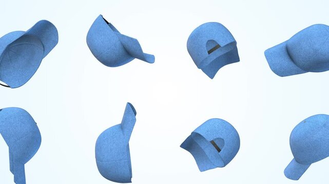 Blue Baseball Caps Falling on a Light Background. Sports Cap 3D Animation. 4K