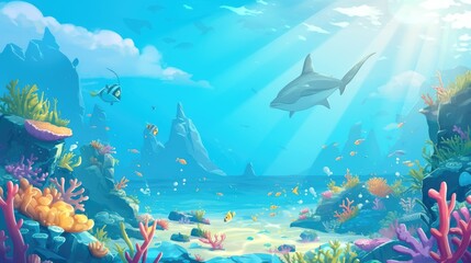 Fototapeta premium A vibrant underwater scene featuring coral reefs, fish, and a shark swimming gracefully.