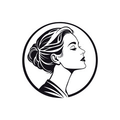 Vector black silhouette of a beautiful woman's head in a round frame 