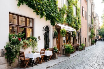 Obraz premium A street-level perspective of TkalÄiÄ‡eva Street, lined with charming cafÃ©s and boutique shops, filled with locals and tourists