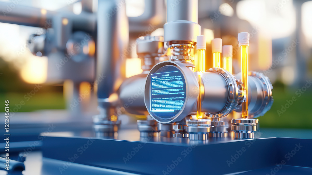 Fototapete digital model of liquid flow dynamics showcasing illuminated valves and gauges in industrial setting